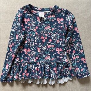 Ruffle Butts Navy Floral Long-Sleeve Ruffle Hem Top with Pink Flowers